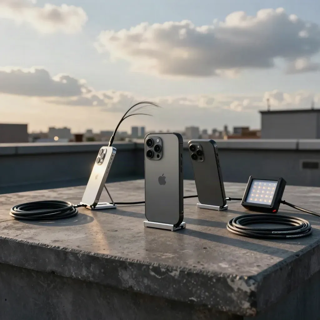 Windy rooftop setup with three phones, clamp stand, LED panel and cables at dusk.