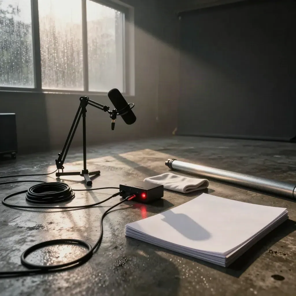 Matte-black mic kit on wet studio floor with haze and a faint red glow