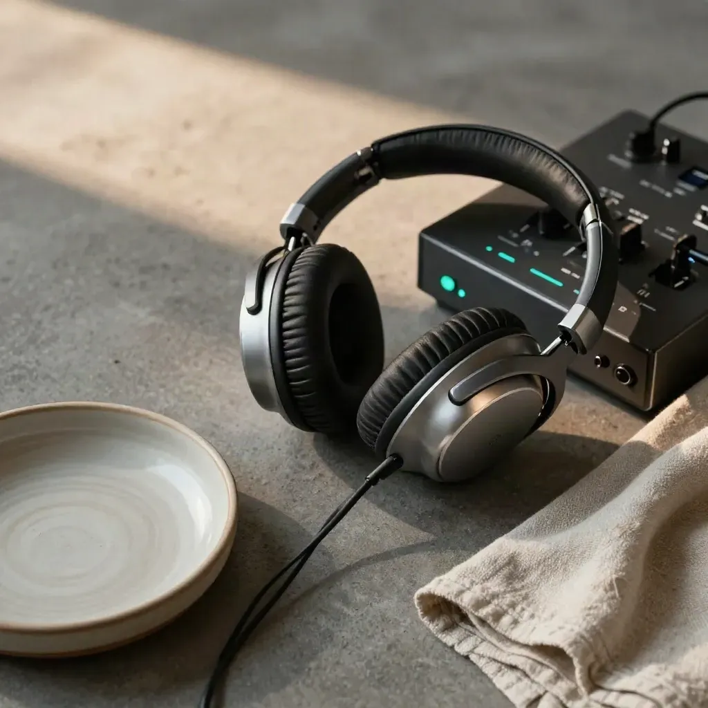 Headphones and audio interface on concrete with linen and ceramic dish, teal glow